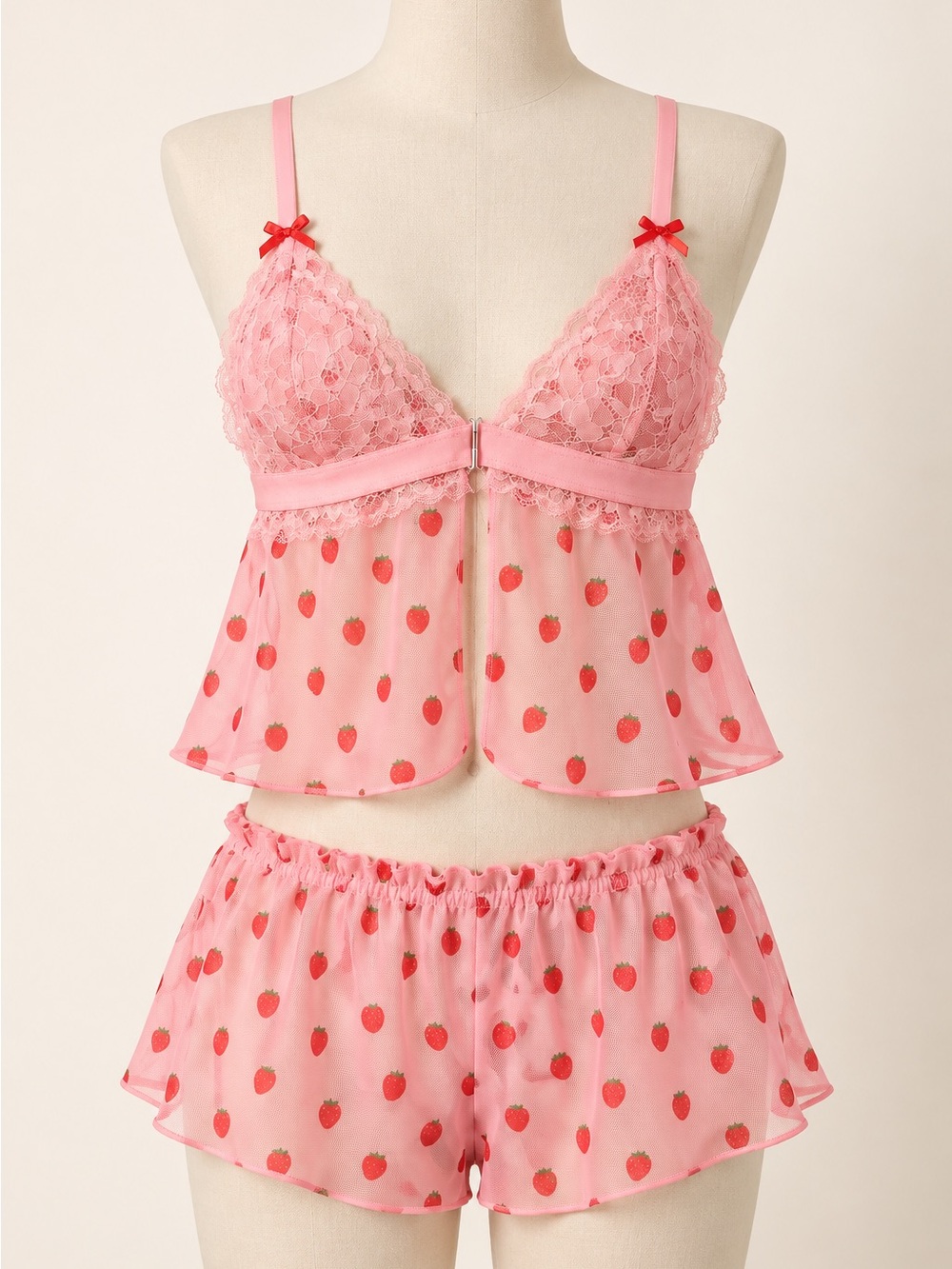 NWT French Affair Pink Strawberry Print Lace Cami & Ruffle Shorts Set, Size M